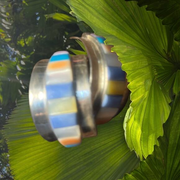 Vintage Sterling Silver Half Hoop Earrings with Multi Stone Cobblestone Inlay - Picture 5 of 5